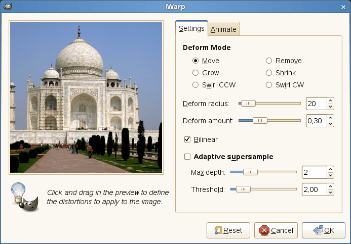 IWarp filter options (Settings tab)