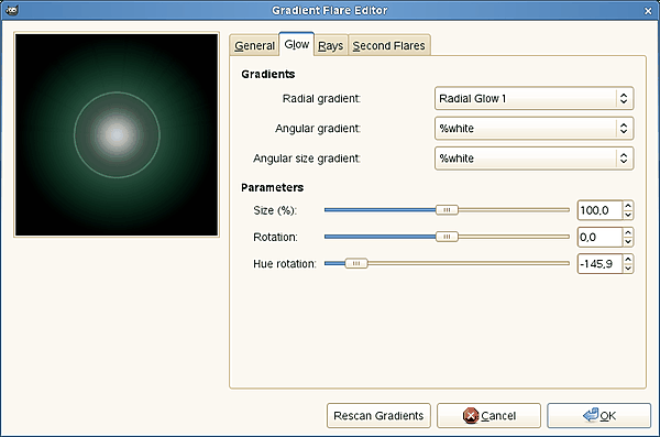 Gradient Flare Editor options (Glow)