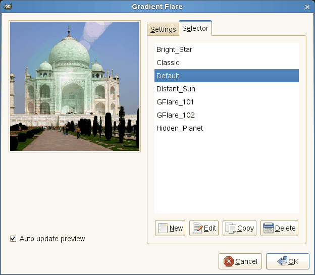 Gradient Flare filter options (Selector)