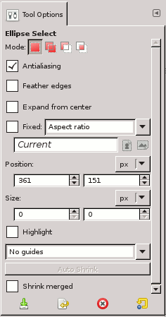 Tool Options for the Ellipse Select tool