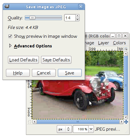 Save as JPEG dialog with poor quality.